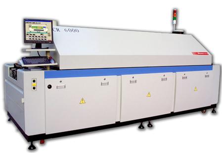 Manncorp�s computer-controlled CR-6000 reflow oven has six individually managed upper and lower heat zones and includes a motor-adjustable 17.7� pin conveyor over a 22.4� mesh belt. Other models in the CR series are 5, 8 and 10 zone systems.
