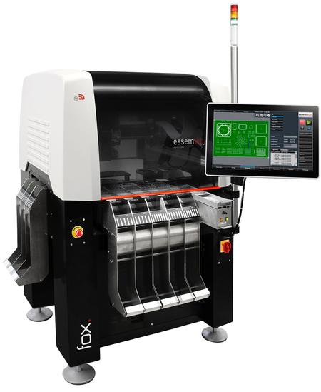 Essemtec Fox Compact Automatic Pick-and-Place System can have up to 180 feeder lanes, needs only 1sqm of floor space and can accept PCB's of up to 406 x 305 mm. 