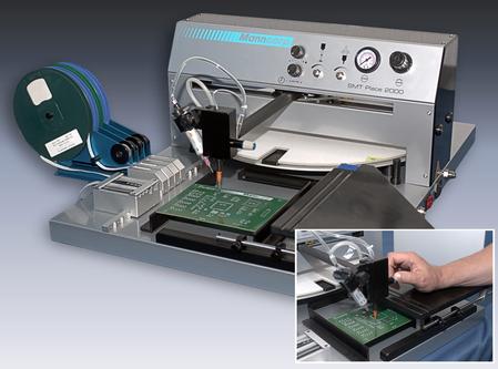 Manncorp's SMT Place 2000 manual pick & place system handles a wide range of jobs with more accuracy & greater speed than tweezer assembly can accomplish and less operator fatigue. 