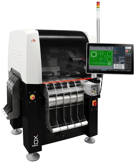 Essemtec Fox can have up to 180 feeder lanes, needs only 1sqm of floor space and can accept PCB’s of up to 406 x 305 mm. 