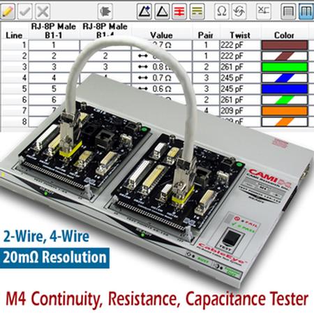 When pre-populated boards are used, the tester GUI automatically displays a graphic of the connectors and wiring under test. The tester can be readily programmed to do the same for custom boards and fixtures. With a single click, the wiring schematic can be switched to a customizable netlist view which can be set to display wiring colors as shown in photo.